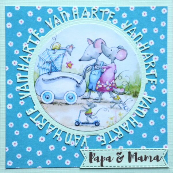 Kaart geboorte, cirkel van harte, plaatje muisjes met kinderwagen, tekst papa & mama