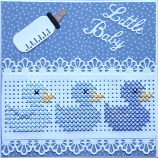 Kaart geboorte, blauw, kruissteek 3 eendjes