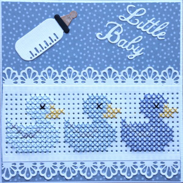 Kaart geboorte, blauw, kruissteek 3 eendjes