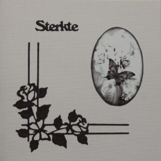 Condoleancekaart creme/bruin, corner rose, ovaal plaatje rozen met vlinder, tekst Sterkte