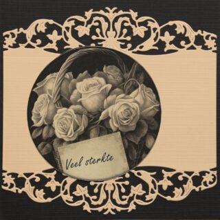 Condoleancekaart zand/bruin, classic border, rond plaatje rozen in mand, tekst Veel sterkte
