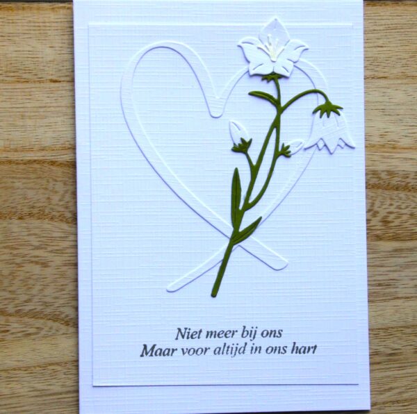 Condoleancekaart wit/groen, hart met witte bloem, tekst Niet meer bij ons................ A6