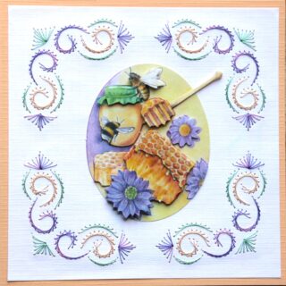 Borduurkaart met 3D plaatje honingraat met bijen