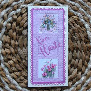 Kaart langwerpig slim-line, stans, 2 afbeeldingen vierkant bloemen, tekst Van Harte