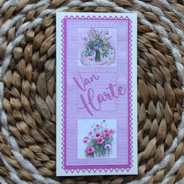 Kaart langwerpig slim-line, stans, 2 afbeeldingen vierkant bloemen, tekst Van Harte