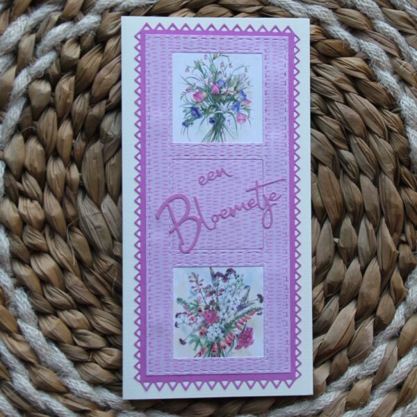 Kaart langwerpig slim-line, stans, 2 afbeeldingen vierkant bloemen, tekst een Bloemetje