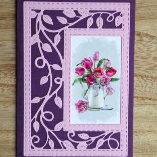Kaart bloemenframe roze/paars met plaatje tulpen in kan A6 (mogelijkheid om kleine tekst nog onder plaatje te plakken, bijv beterschap, proficiat)
