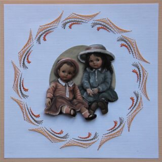 Borduurkaart algemeen met nostalgisch plaatje 2 poppen 3D