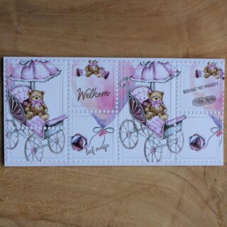 Postzegelkaart langwerpig slim-line, geboorte dochter, roze/wit/bruin plaatje kinderwagen met parasol en beertje, tekst Welkom lief meisje, Beschuit met muisjes