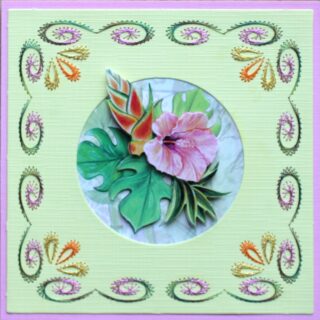 Borduurkaart lila/geel, plaatje bloemen met grote bloembladen