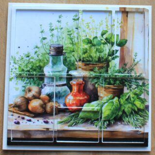 Dieptekaart, blad met verse kruiden, uien, olie en azijn