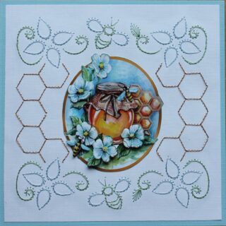 Borduurkaart blauw/wit, honingraat met pot olie, bloemen en bij