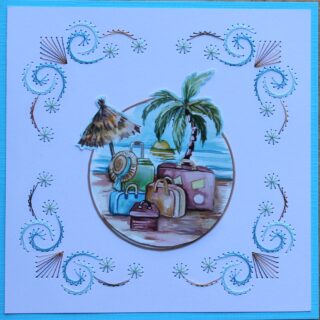 Zomer borduurkaart blauw/wit, plaatje koffers, palm en parasol