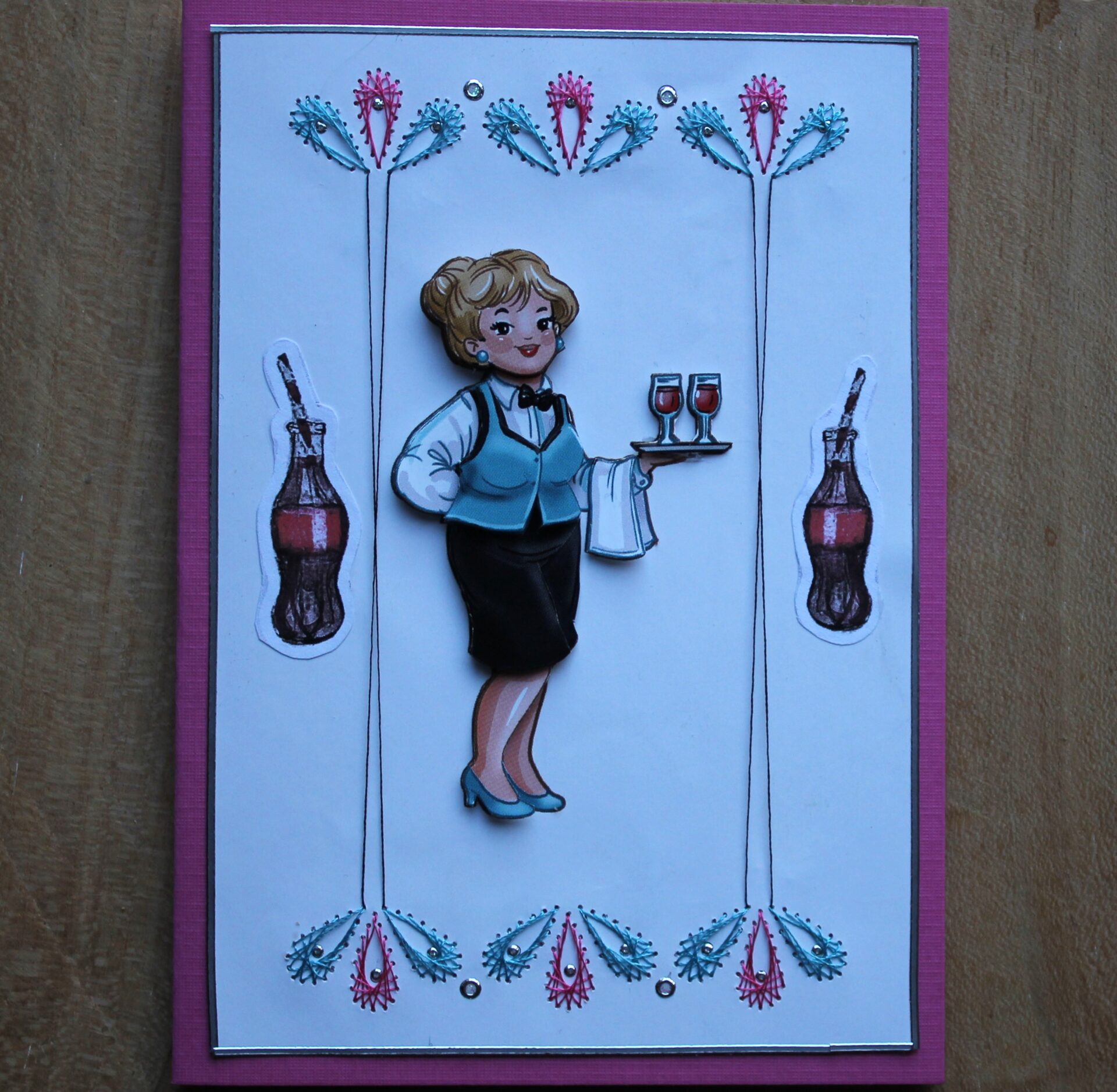 Borduurkaart, 3D-afbeelding serveerster met dienblad