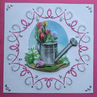 Borduurkaart roze/wit, 3D-plaatje zinken bloemgieter gevuld met tulpen