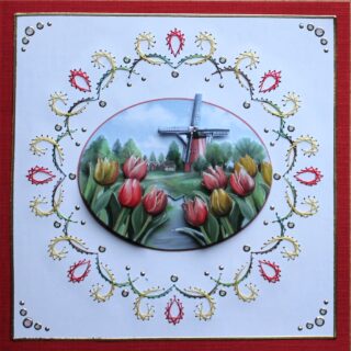 Borduurkaart rood/wit, 3D-plaatje achtergrond molen met tulpen op de voorgrond