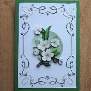 Borduurkaart groen/wit, 3D-afbeelding tak met bloemen