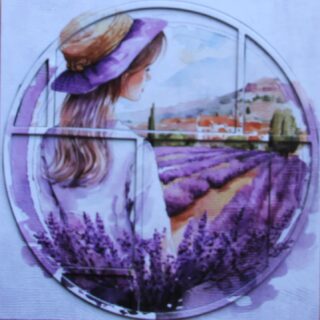 Dieptekaart, voorgrond meisje met strohoed voor lavendelvelden en dorpje op achtergrond