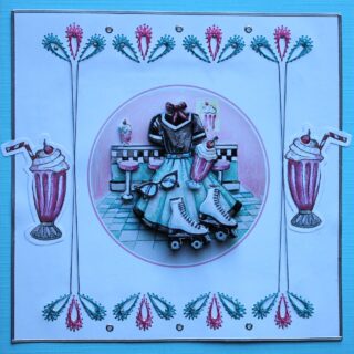 Borduurkaart blauw/wit, 3D-plaatje ijsbar met rolschaatsen en 50-er jaren jurk