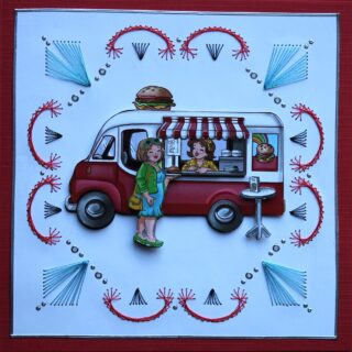Zomer borduurkaart rood/wit, 3D-plaatje foottruck met hamburger