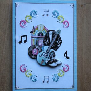 Borduurkaart, 3D-afbeelding muziek, jukebox, gitaar, grammofoonplaat, leren jack en schoenen