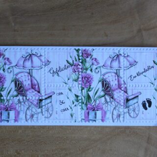 Postzegelkaart langwerpig slim-line, geboorte dochter, roze/wit/bruin plaatje kinderwagen met parasol en bloemen, tekst Gefeliciteerd opa en oma, Een kleindochter