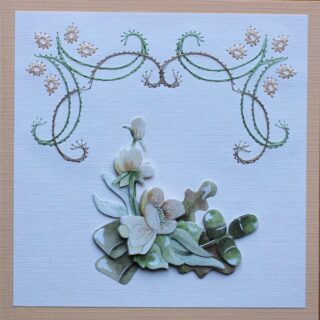 Borduurkaart herfst zalm/wit/groen, 3D-plaatje bloemen, eikenblad en eikels