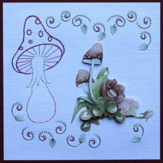 Borduurkaart herfst rood/wit/groen, 3D-plaatje bloemen, paddestoelen en eikels
