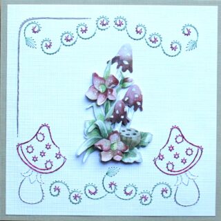 Borduurkaart herfst rood/wit/groen, 3D-plaatje bloemen en paddestoelen