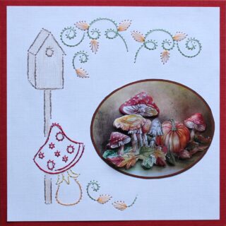 Borduurkaart herfst rood/wit/groen/oranje/bruin, 3D-plaatje herfstbladeren, pompoenen en paddestoelen
