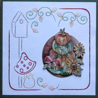 Borduurkaart herfst groen/wit/bruin/oranje/rood, 3D-plaatje zonnebloemen, pompoenen en paddestoelen