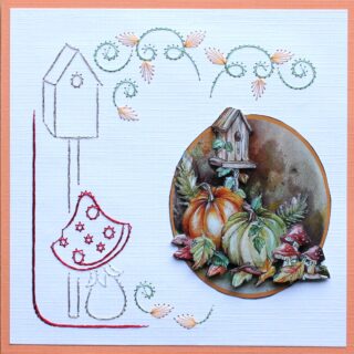Borduurkaart herfst oranje/wit/bruin/groen/rood, 3D-plaatje vogelhuisje, pompoenen en paddestoelen