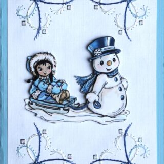 Borduurkaart blauw/wit, 3D-afbeelding sneeuwman met meisje op slee