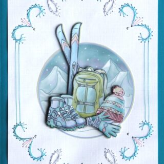 Borduurkaart aqua/wit, 3D-afbeelding ski's met rugzak, skischoenen, muts en handschoenen tegen achtergrond bergen