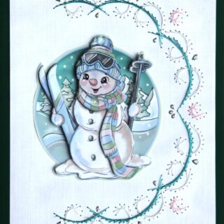 Borduurkaart groen/wit, 3D-afbeelding sneeuwman met muts, sjaal, skibril en ski's en skistokken