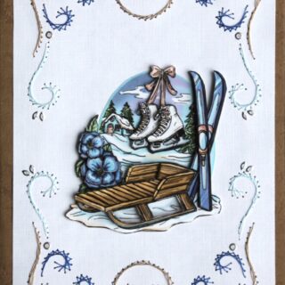 Borduurkaart bruin/wit, 3D-afbeelding slee, ski's, schaatsen tegen winterachtergrond