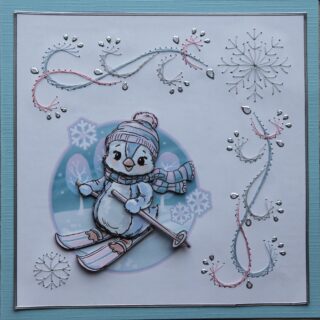 Borduurkaart winter blauw/wit, 3 plaatje babypinquin op ski's