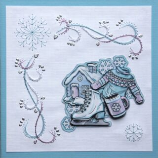 Borduurkaart winter blauw/wit, 3 plaatje winterhuisje, schaatsen, trui en mok warme chocolademelk