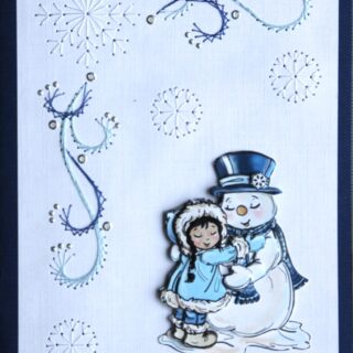 Borduurkaart blauw/wit, 3D-afbeelding sneeuwpop met meisje