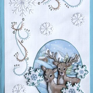 Borduurkaart blauw/wit, 3D-afbeelding 2 herten en sneeuwvlokken tegen achtergrond sneeuwbergen