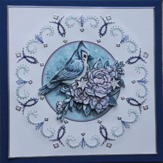 Borduurkaart vierkant, winter blauw/wit, 3D plaatje vogel met bloemen